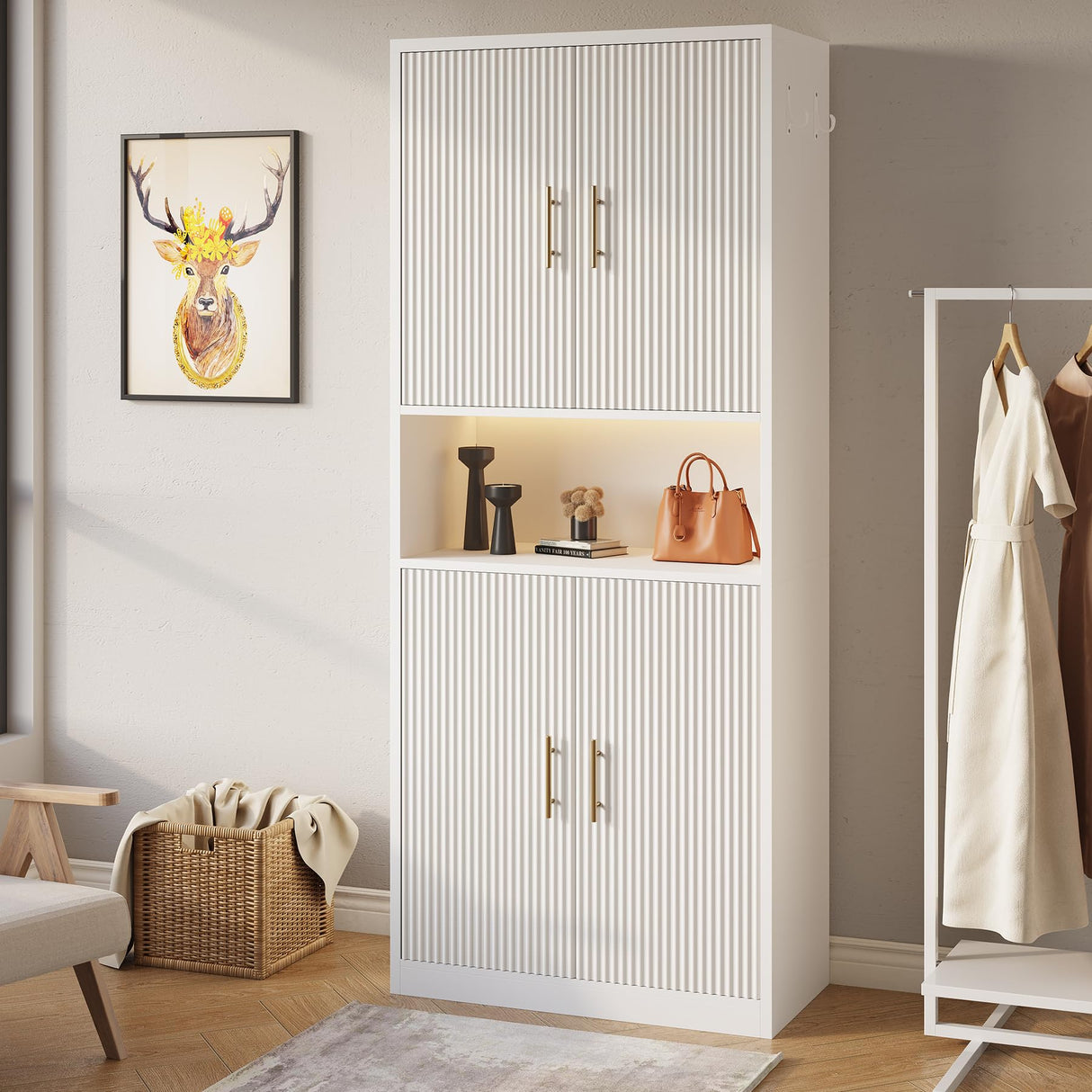 Epecoya 66-Inch Tall Shoe Cabinet with Fluted Door and LED Light for Entryway, Modern Large 9-Tier Freestanding Shoe Storage Organizer with Adjustable Shelves Open Shelf for Closet, Living Room, White Epecoya