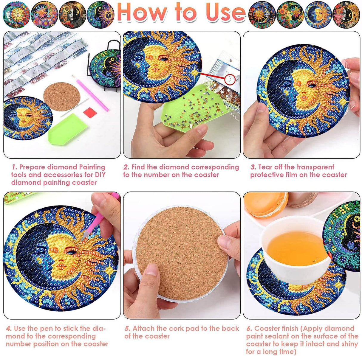 ijbnhd 8 Pcs Sun & Moon Diamond Art Coasters with Holder-DIY Sun & Moon Diamond Painting Coasters 5D Art Coaster with Cork Pads for Adults for Holiday Gift ijbnhd