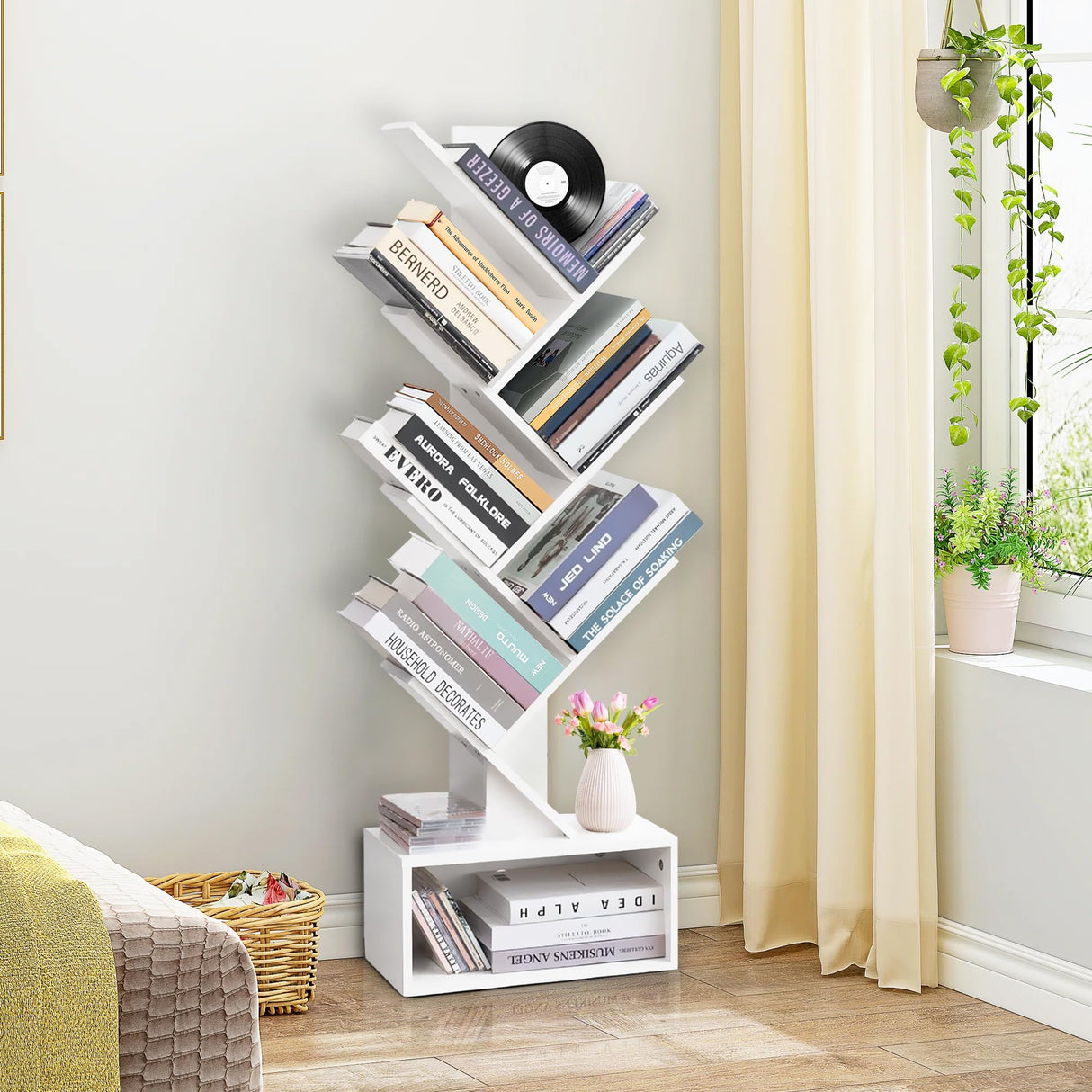 LUSHZLUMBERA Tree Bookshelf - 6 Shelf Retro Floor Standing Bookcase, Tall Wood Book Storage Rack for CDs/Movies/Books, Utility Book Organizer Shelves for Bedroom, Living Room, Home Office, White LUSHZLUMBERA
