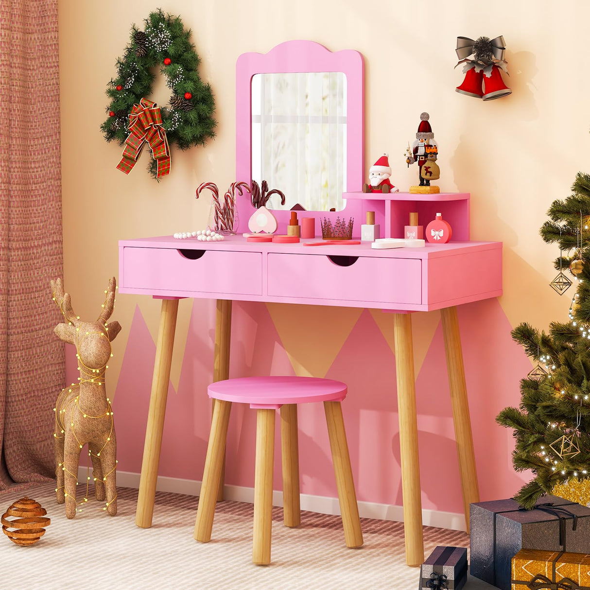 Costzon Kids Vanity Set, Girls Vanity Set with Mirror and Stool, 2 Large Drawers, Storage Shelf, Wooden Princess Makeup Dressing Table, Pretend Play Vanity Table and Chair Set for Toddlers (Pink) Costzon