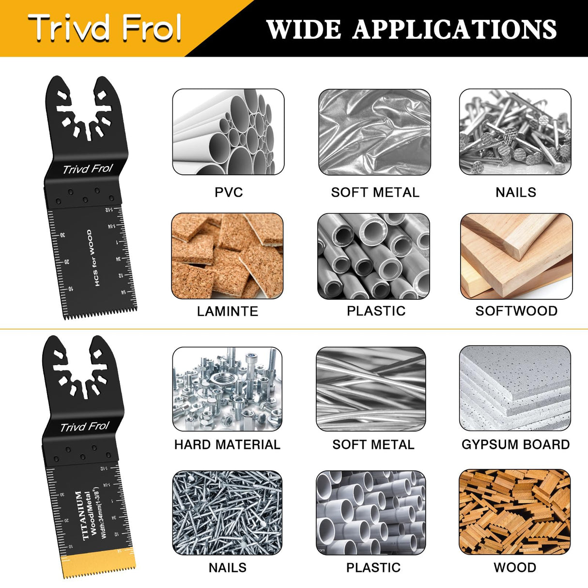 Trivd Frol 100PCS Oscillating Saw Blades, Professional Universal Titanium Multitool Blades for Wood Plastics Metal, Quick Release Multi Tool Blades Kits Fit Dewalt Ryobi Milwaukee Rockwell Fein Trivd Frol