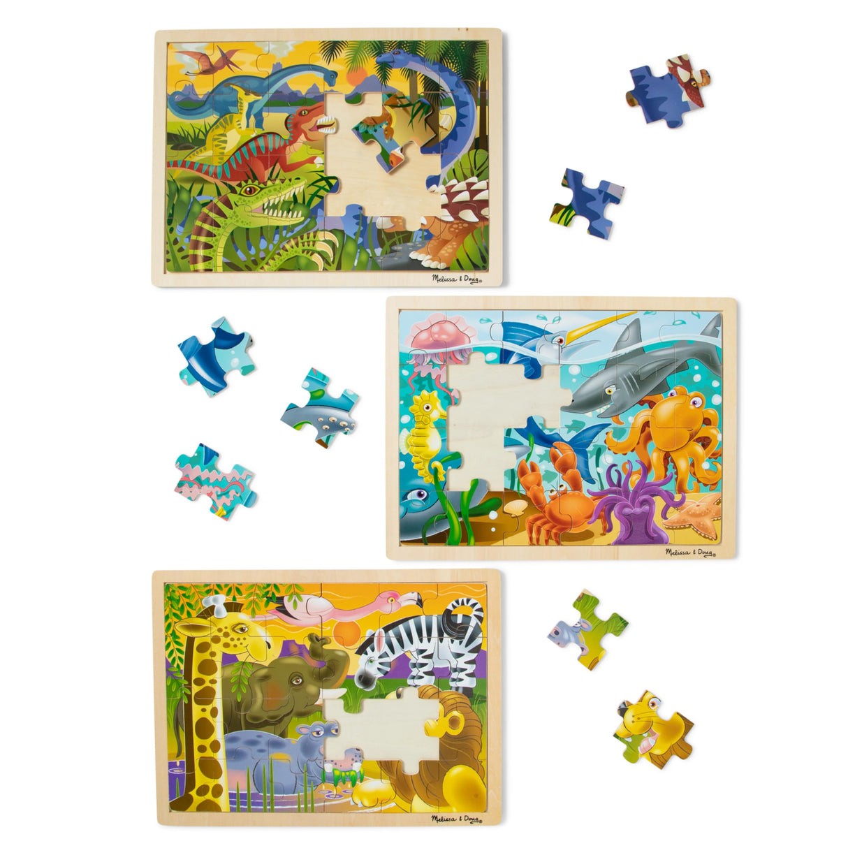Melissa & Doug Jigsaw Puzzle Bundle (Dinosaur,Safari and Ocean) - Animal Puzzles, Wooden Jigsaw Puzzles For Kids Ages 3+ Melissa & Doug