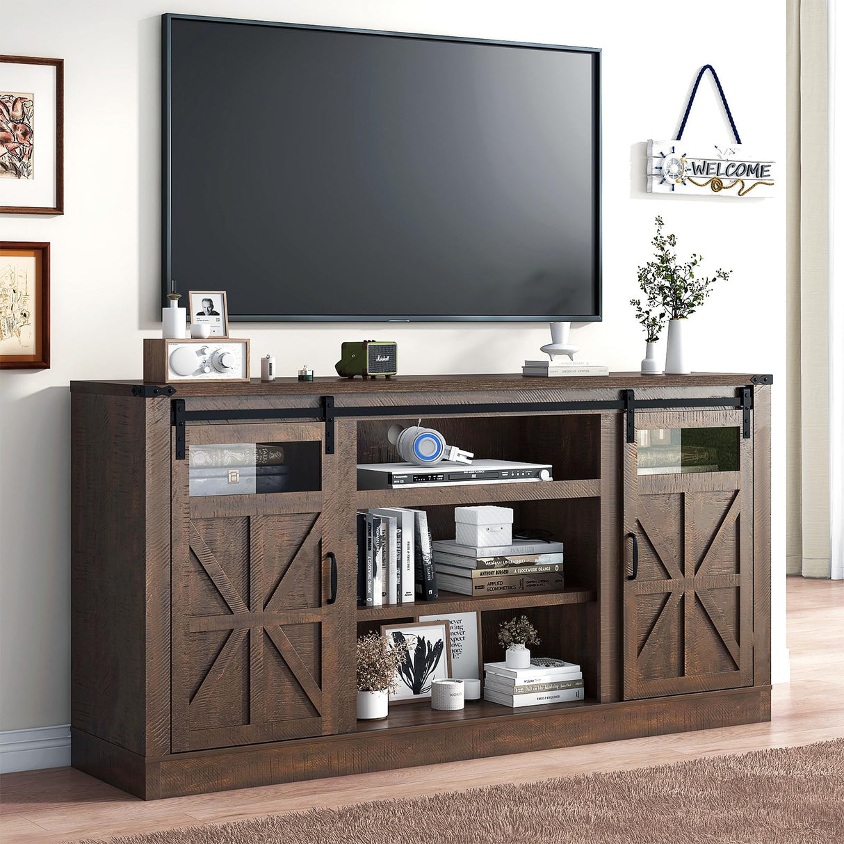 Hlivelood 66" Farmhouse TV Stand with Power Outlets for 75 65 Inch TVs, Entertainment Center with Sliding Barn Door & Large Storage Cabinets w/Adjustable Shelf, 33" Tall TV Media Console, Brown Hlivelood