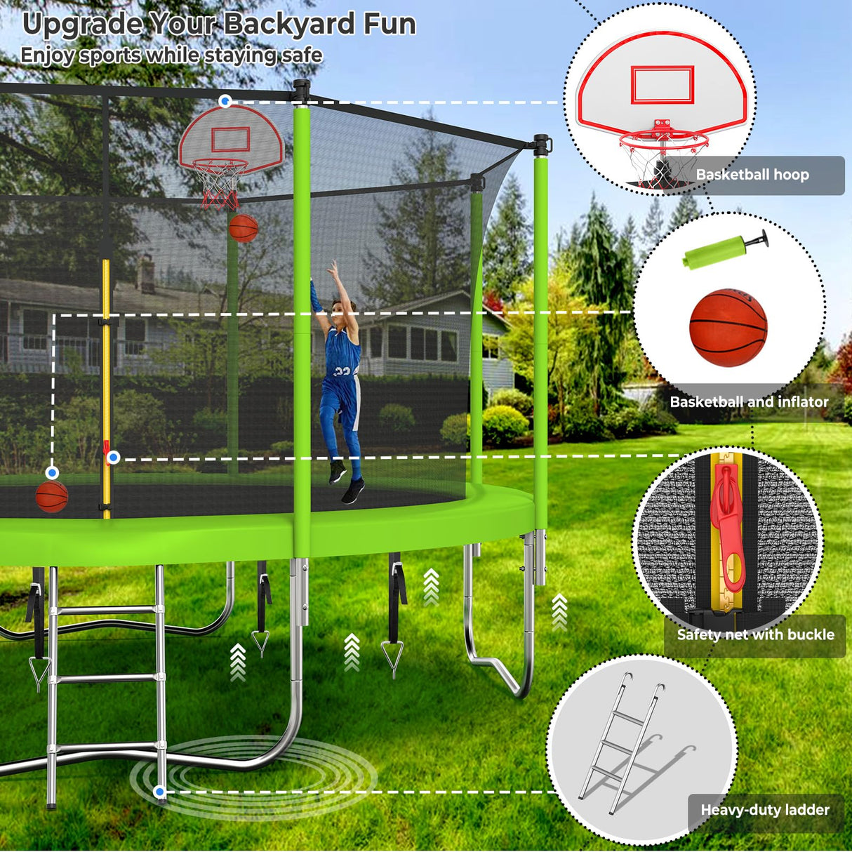 Lyromix Upgraded 12FT Trampoline for Kids and Adults, Large Outdoor Trampoline with Stakes, Light, Sprinkler, Basketball Hoop and Net, Capacity for 5-8 Kids and Adults Lyromix