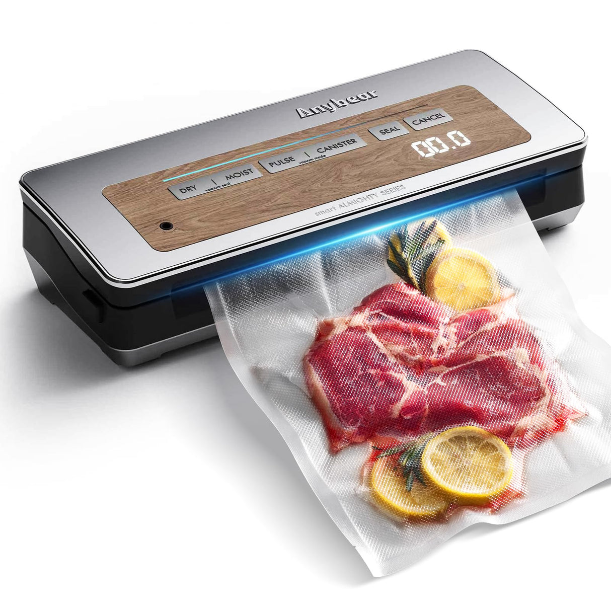 Anybear Vacuum Sealer Machine, 90kPa 120W Wide Seal All-IN-1 Powerful Food Storage, Build-in Cutter | Bags Storage | Digital Countdown Display | 2 Bag Rolls and 5pcs Pre-cut Bags (Silver Wood Grain) anybear