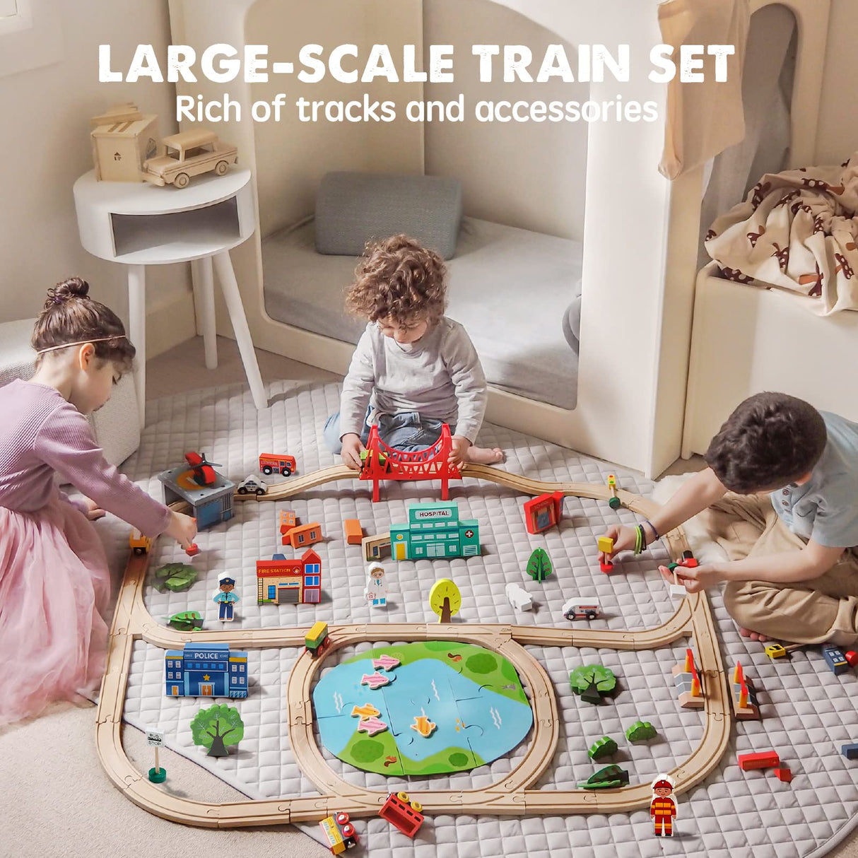 Tiny Land Train Set 110pcs Wooden Train Set, Toy Train for Boys & Girls with Wooden Train Track, Wooden Toys for 3-7 Years Old Toddlers & Kids, Tiny Land