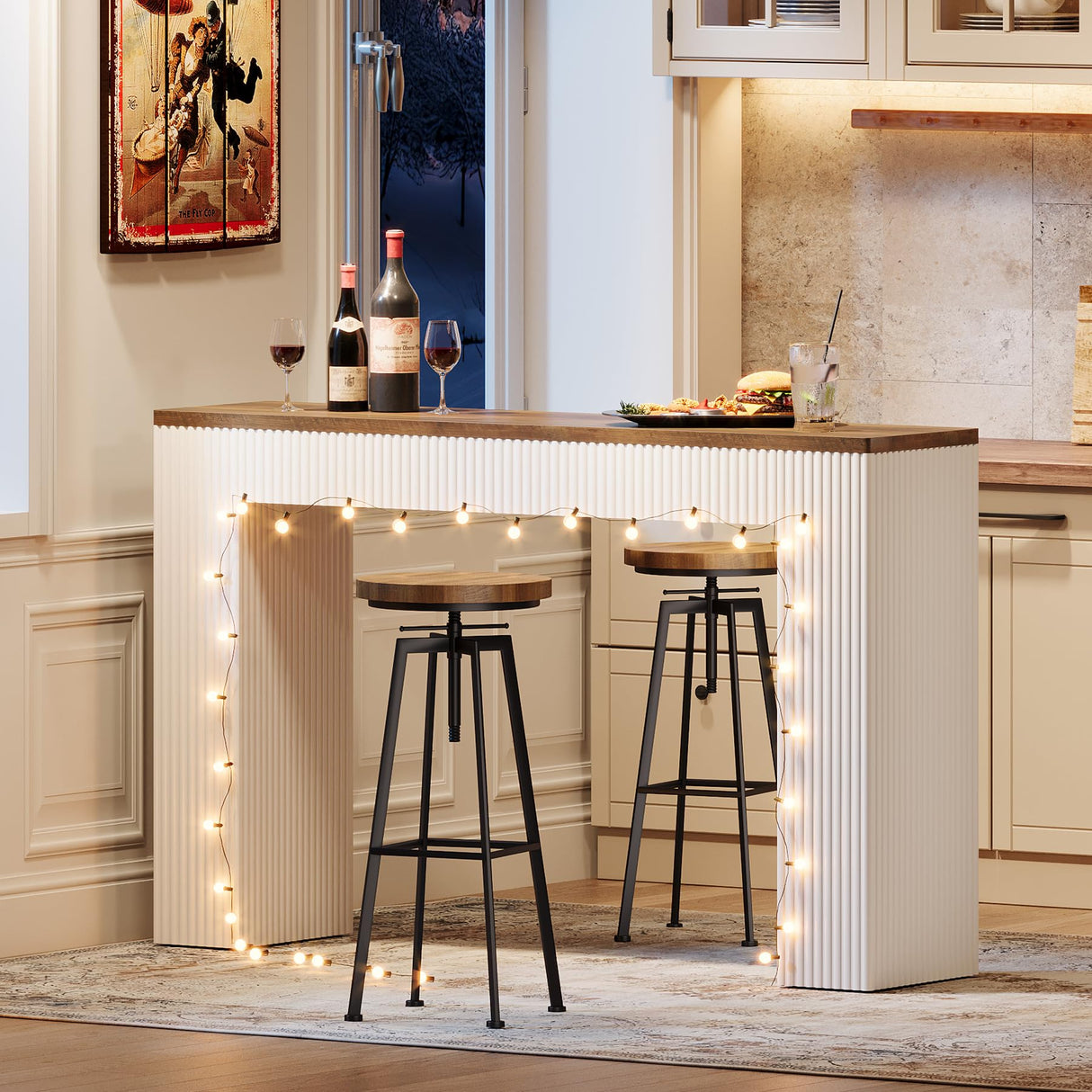 Tribesigns Bar Table, Narrow Bar Height Table with Long Wooden Tabletop, 63" Modern Tall Kitchen Bar Table with White Wave Legs for Pub, Dining Room, Balcony, Rustic Brown & White Tribesigns