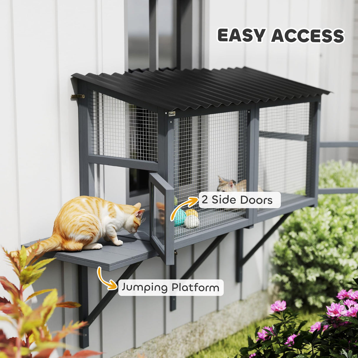 PawHut Cat Catio, Catio Outdoor Cat Enclosure for Multiple Kittens with Wooden Window Box, Jumping Platform for Safely Enjoying Outdoor Sights, Sunbathing, Napping, Playing, Gray PawHut
