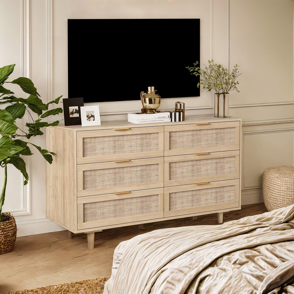 Angel Sar Rattan Dresser for Bedroom, 6 Drawer Wide Dresser, Boho&Farmhouse Chest of Drawers, 43" Clothes Storage Cabinet, Metal Handle&Wood Legs for Hallway, Living Room, Bedroom, Wood Angel Sar