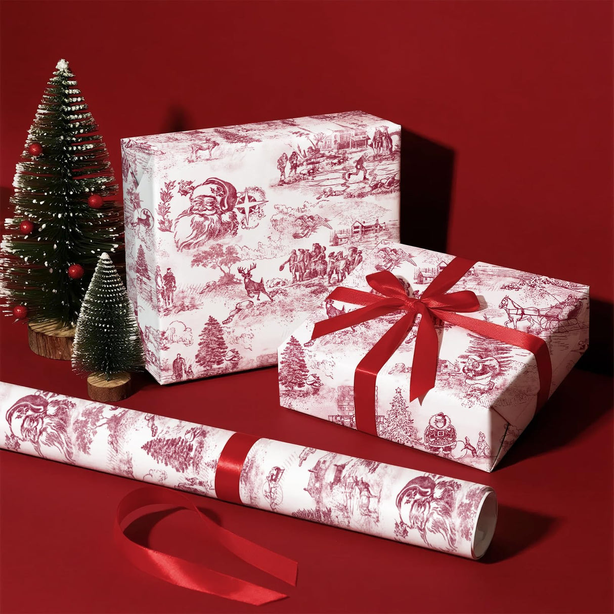 WRAPAHOLIC Toile Vintage Christmas Wrapping Paper - Mini Roll - 17 Inch x 16.5 Feet - Santa Toile de Jouy Red Christmas Wrapping Paper for Xmas Holiday, Party Celebration WRAPAHOLIC
