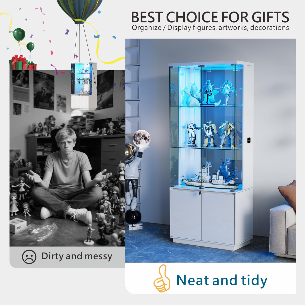 Lvifur 71” Glass Display Cabinet with Lights, Modern Curio Cabinet Display Cases for Collectibles, Locking Cabinet with Shelves & Drawers, Tall Bookcase with Human Body Sensor for Living Room (White) Lvifur