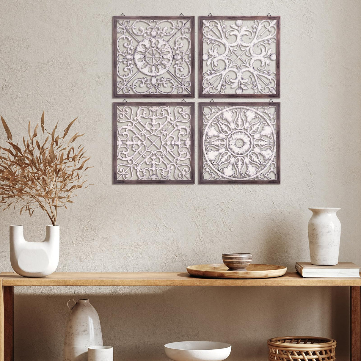 Tatuo 4 Pcs Wood Wall Art Wall Decor Farmhouse Wall Decor for Living Room Wooden Decorative Wood Panels Modern Wall Plaque for Home Kitchen Dining Room(Brown, White,Square) Tatuo