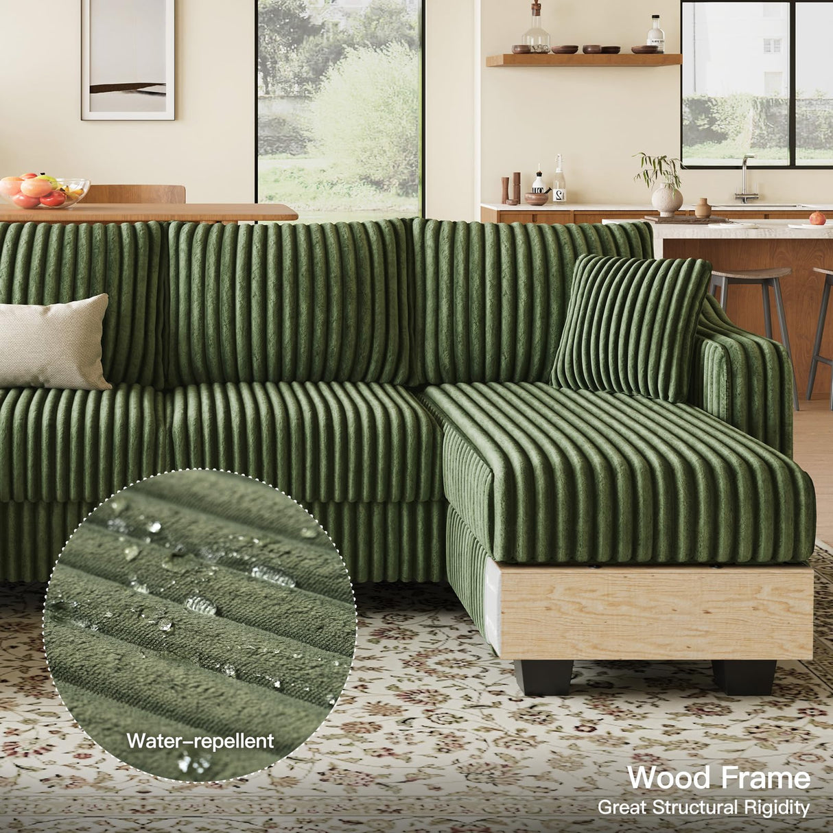 Belffin U Shaped Couch with Reversible Chaises Sectional Couches for Living Room Sectional Couch with Ottomans Corduroy (Green, U Shaped) Belffin