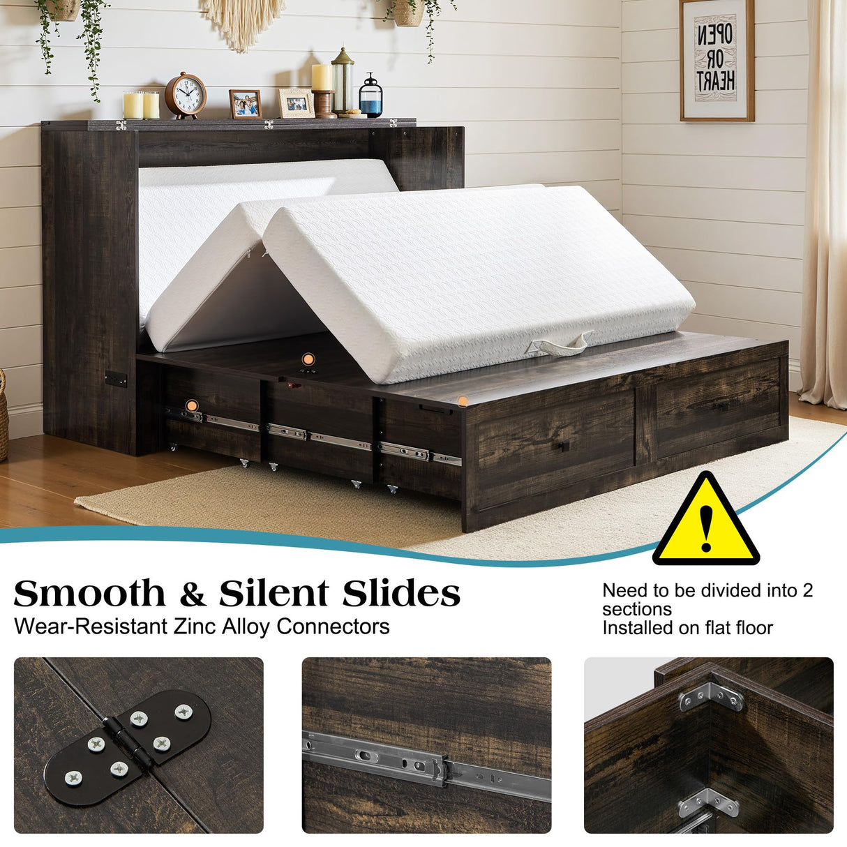 LUXOAK Queen Murphy Bed with Storage and Charging Station, Farmhouse Cabinet Bed, Noise-Free, for Guest Room, Apartment, or Office, Black Oak LUXOAK