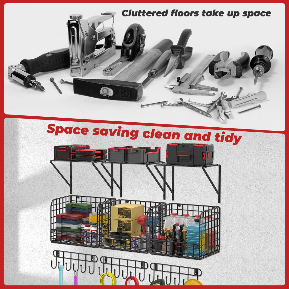 TomCare 3 Pack Garage Shelving Heavy Duty Garage Storage Shelves with Wire Baskets Laundry Room Shelves Wall Mounted Shelves with Hooks Tool Organizer for Shed Garden Kitchen Organization and Storage TomCare