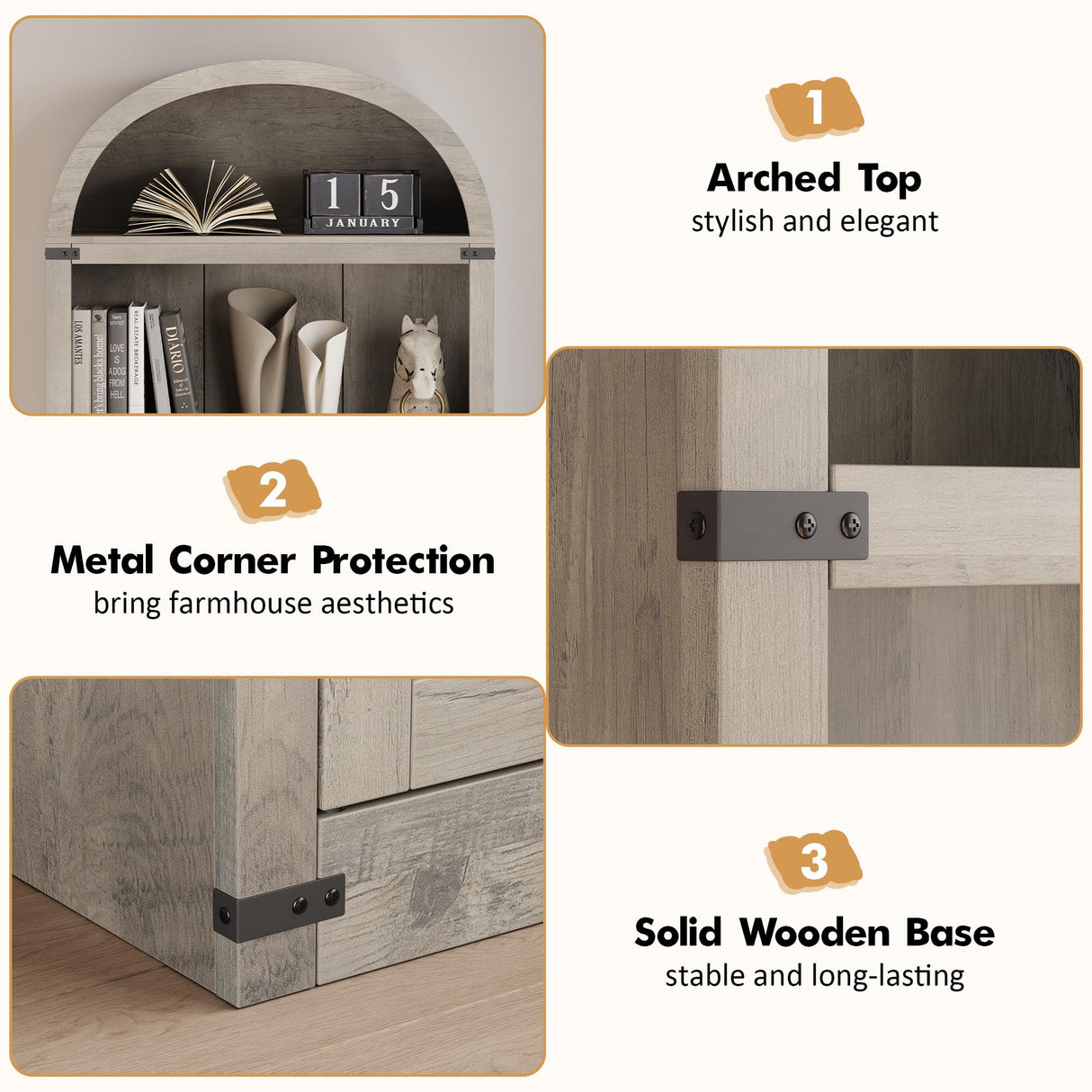 Garveehome Bookcase with Doors Arched Bookshelf 71.65in Tall Bookcase Farmhouse Cabinet with Shelves Wooden Bookshelves for Home Office, Living Room Garveehome