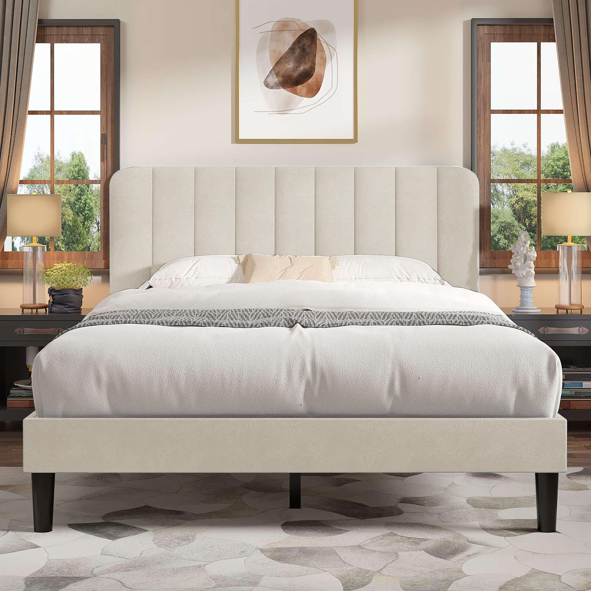 VECELO Full Size Bed Frame with Upholstered Headboard, Velvet Platform Bedframe Mattress Foundation, Strong Wood Slat Support, No Box Spring Needed,Velvet Beige VECELO