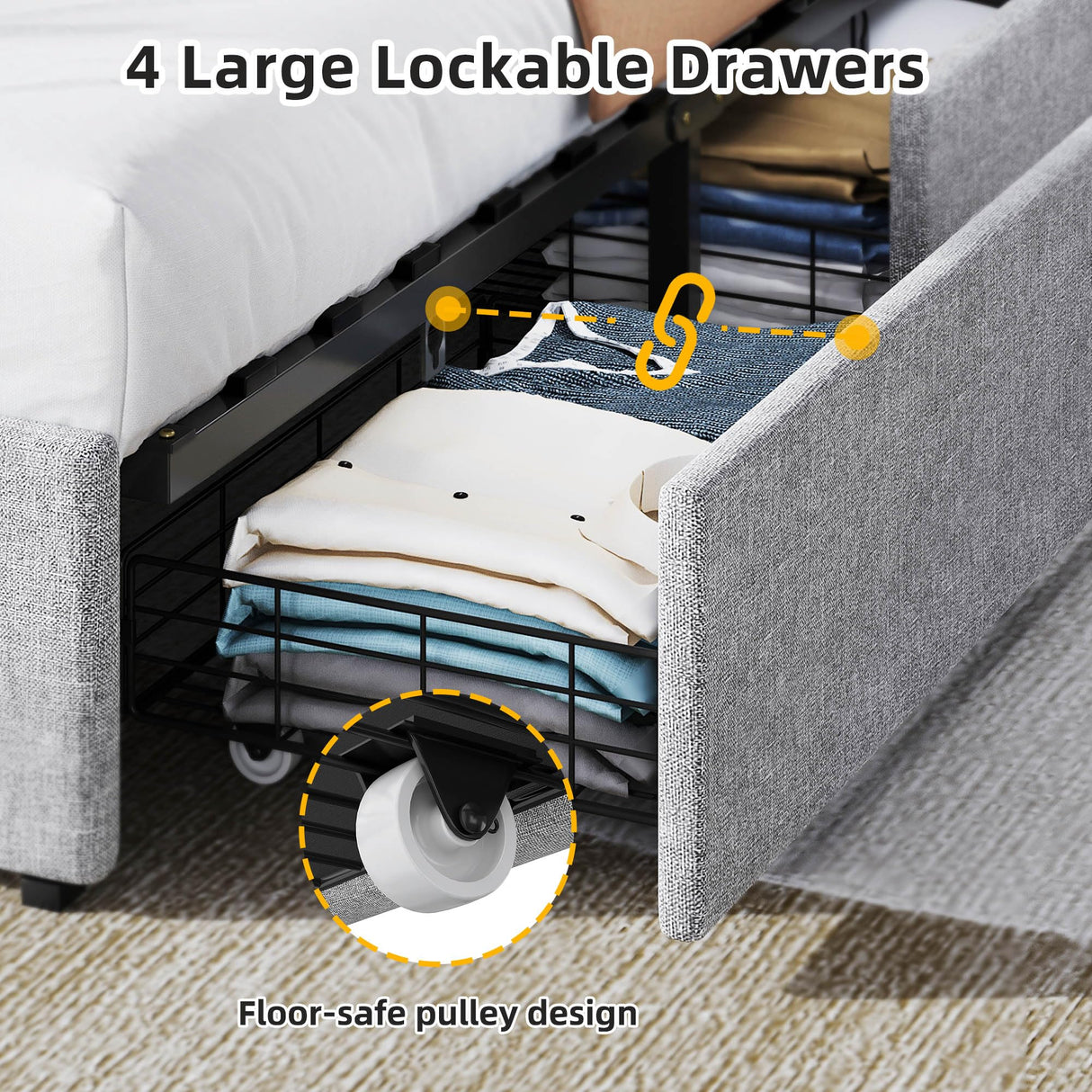 YITAHOME Modern Upholstered Full Size Bed Frame with Storage Drawers and Elegant Wingback Headboard in Grey and Gold YITAHOME