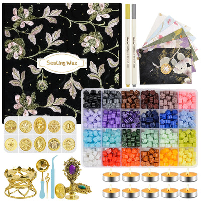 Numola Wax Seal Kit with Gift Box, 24 Colors 600 Pcs Cat-paw Beads, 10 Stamps with Storage Box, 2 Retro Handle, Metal Warmer, Vintage Envelopes, Metallic Pen, Candles, for Gifts and Decorating