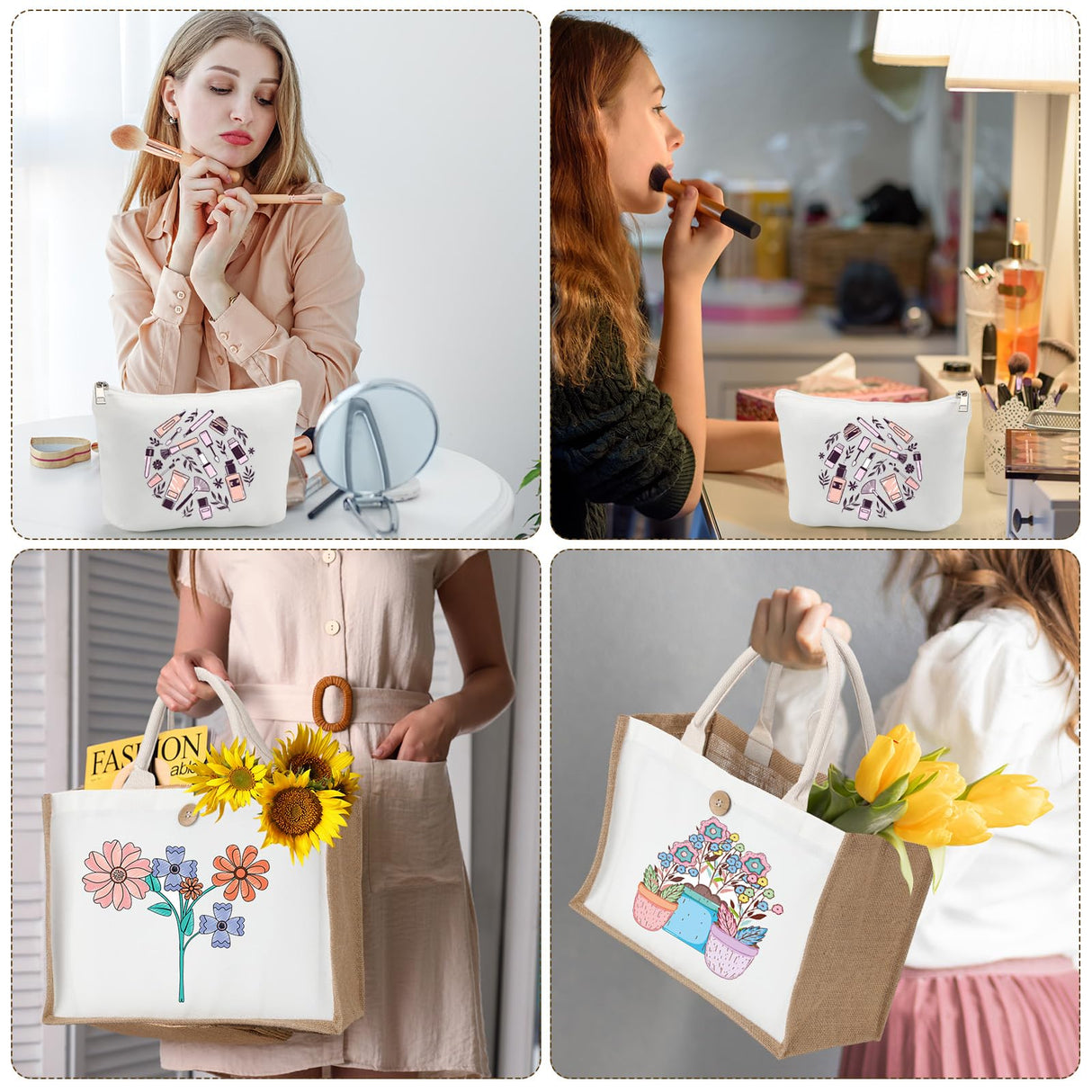 Bulyoou 12 Pcs Sublimation Blank Tote Bags and Makeup Bags Set, Reusable Canvas Polyester Tote Bags for DIY Craft Burlap Gift Bags Makeup Pouches Cosmetic Bags for Women Shopping Grocery Bridesmaids Bulyoou