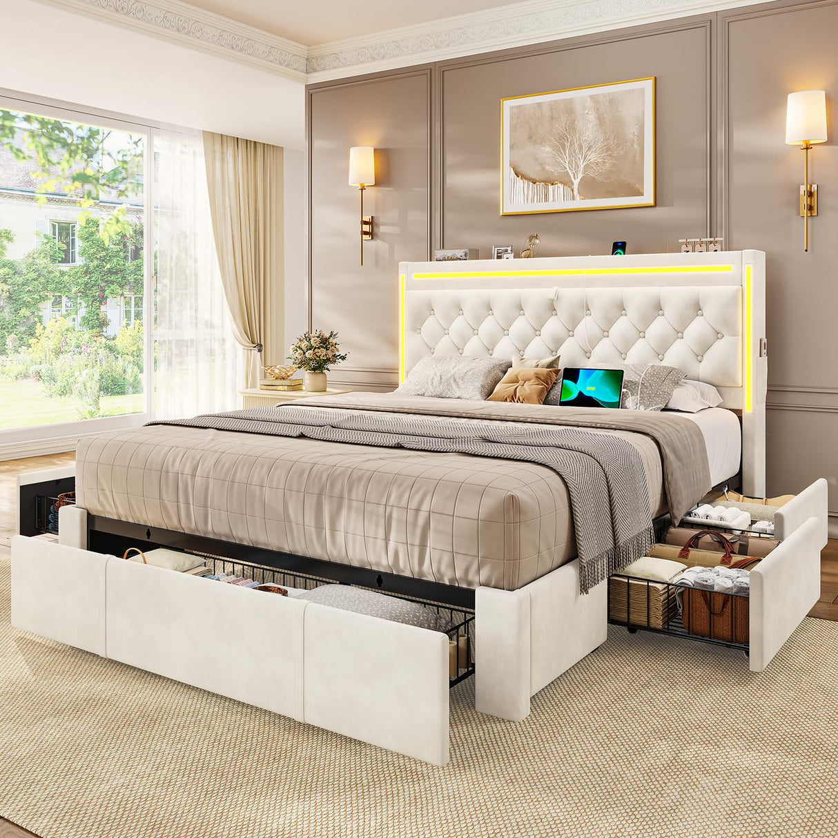 BTHFST Upholstered LED Bed Frame Queen Size with 5 Storage Drawers, Hidden Storage Headboard with Charging Station, Velvet Button Tufted Headboard Platform Bed, Beige BTHFST