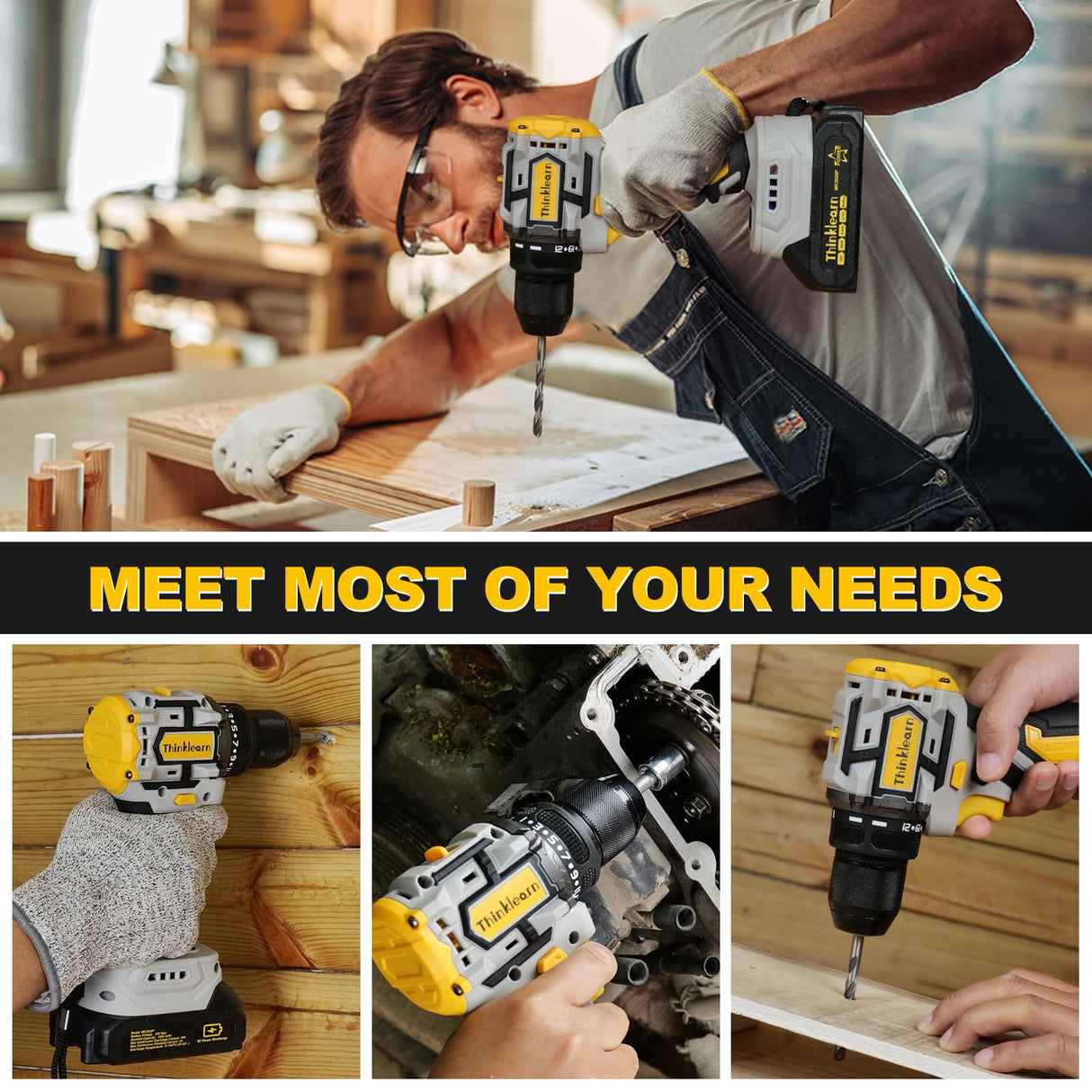 20V Brushless Drill Set, Cordless Power Drill with 2.0Ah Battery,119 PCS Combo Drill Set for Men, 10mm 3/8" Keyless Chuck, 21+1 Torque Setting Power Drill Kit for DIY Garden House Office Repair ThinkLearn