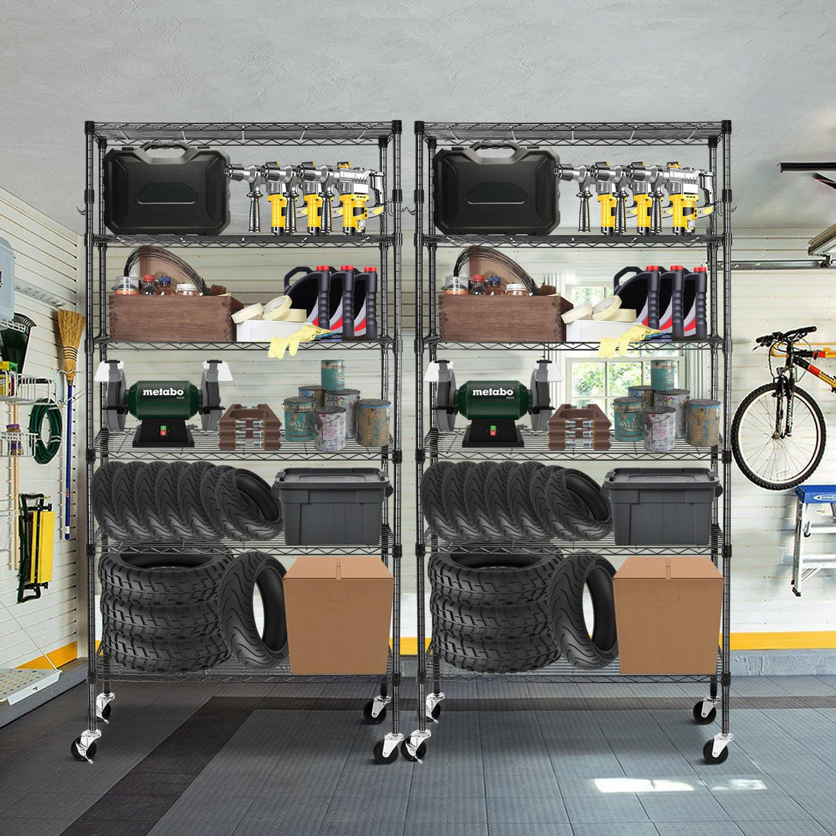 BolDuck 6 Tier Storage Shelves with Wheels, 2100lbs Capacity Heavy Duty Shelving Units, 14x36x75inch Adjustable Metal Shelf Wire Shelving Rack for Garage, Kitchen, Office, Black BolDuck