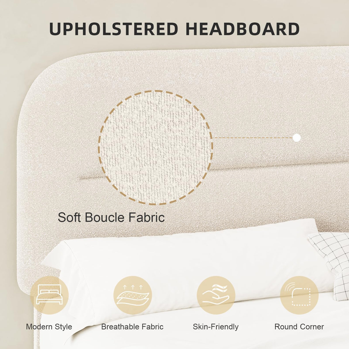 King Size Boucle Bed Frame, Upholstered Cloud Bed Frame with Headboard, Soft Platform Bed Frame with Thickened Footboard, Rounded Corners, No Box Spring Required, Easy Assembly, Cream HOMBCK