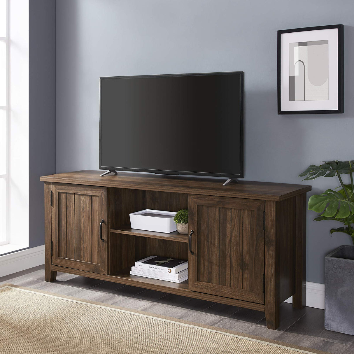 Walker Edison Buren Classic Grooved Door TV Stand for TVs up to 65 Inches, 58 Inch, Walnut Walker Edison