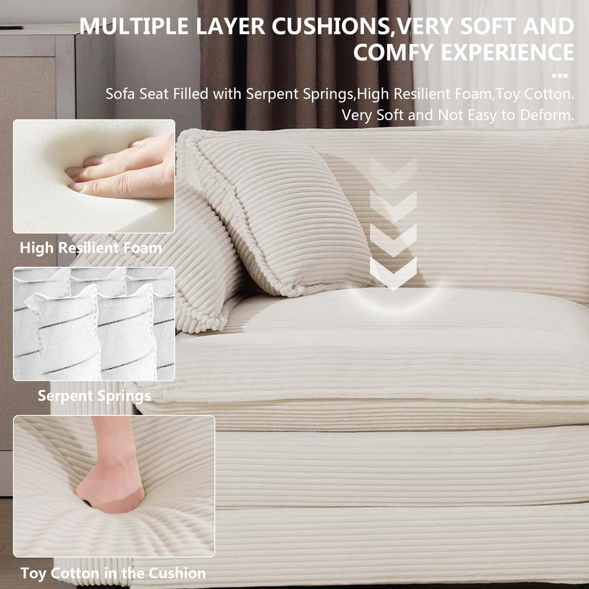 Nestglow Oversized 2 Piece Sofa Set for Living Room, 3-Seater & Loveseat Couch, Modular Sectional Deep Seat Corduroy Comfy Cloud Couches with 4 Armrest Pillows and 5 Toss Pillows, Beige Nestglow