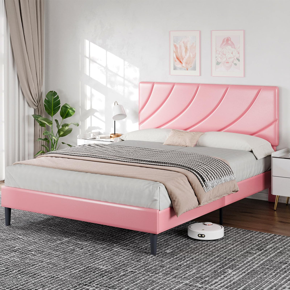 HOMBCK Queen Size Bed Frame/Faux Leather Upholstered Platform Bed with Headboard/Strong Wooden Slats/No Box Spring Needed/Easy Assembly/Pink HOMBCK
