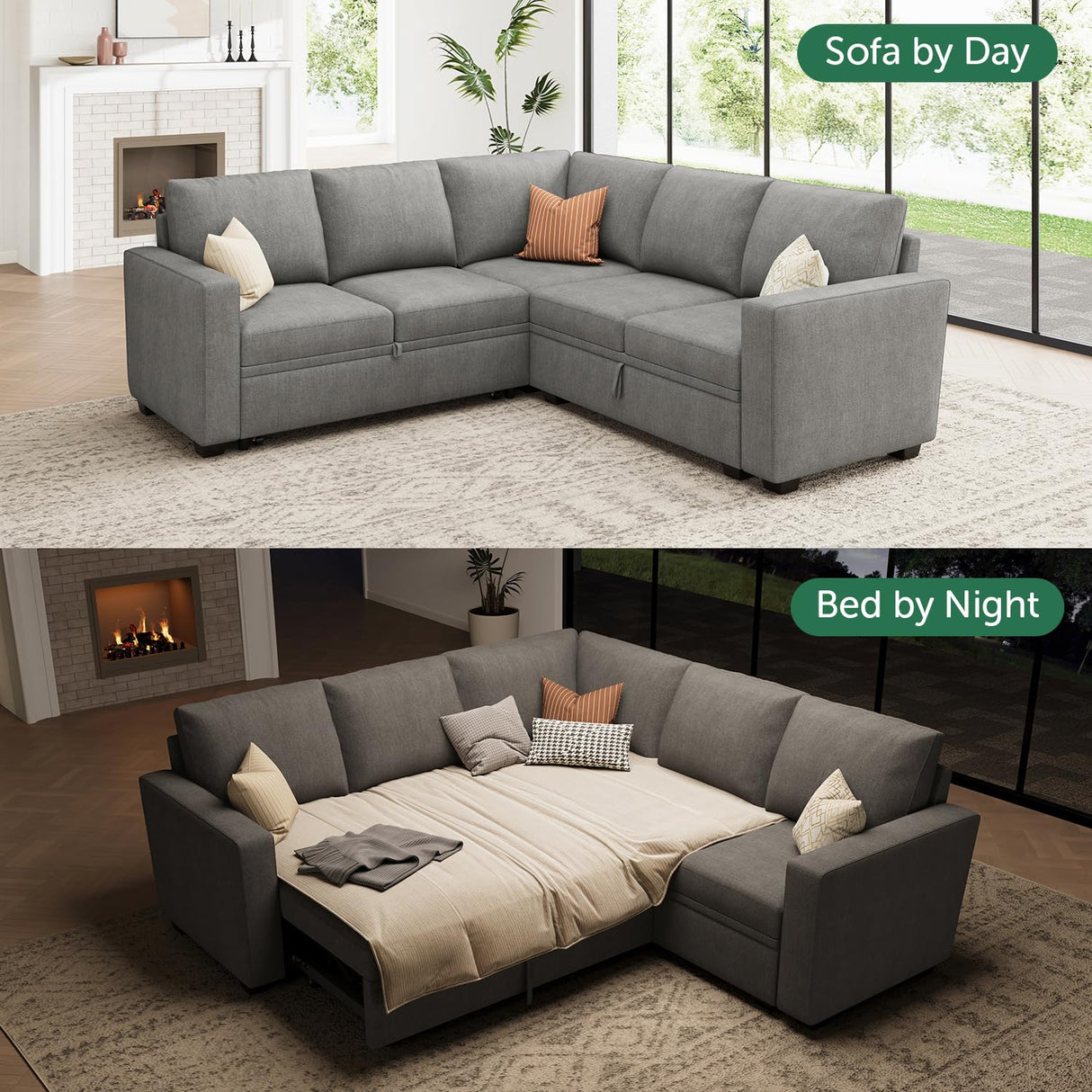 HONBAY Modular Sectional Sleeper Sofa with Pull Out Bed, Chenille L Shaped Couch with Storage Seats, Convertible Sectional Couches for Living Room, Warm Grey HONBAY