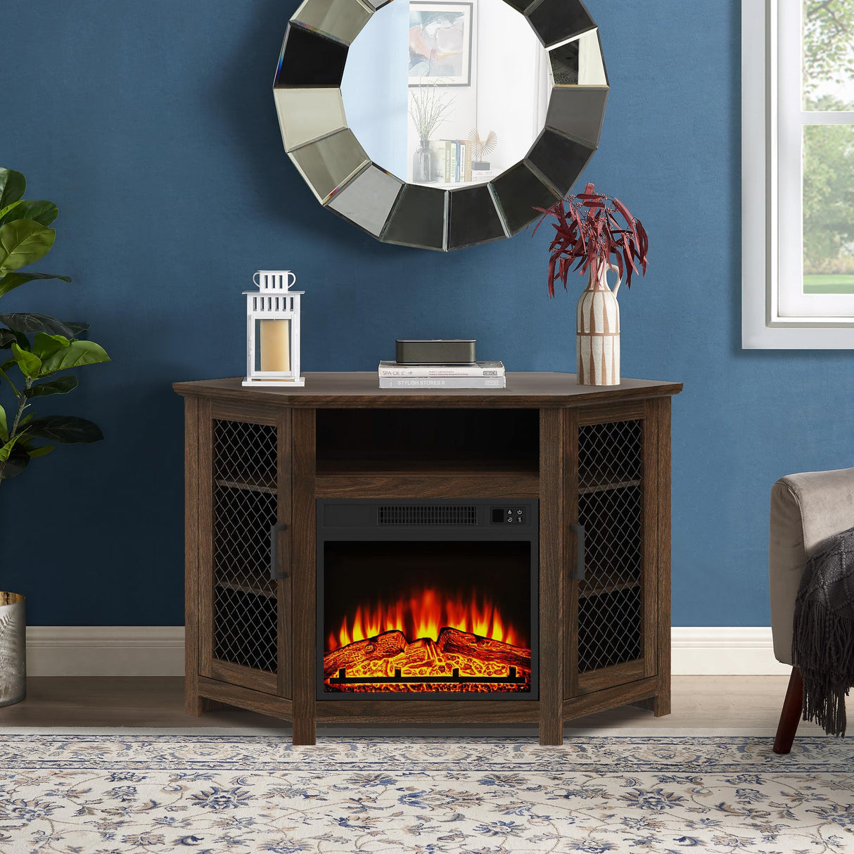 COMEFFIE 45" Corner TV Stand with 18" Fireplace Insert, Electric Fireplace Entertainment Center with Adjustable Shelves, Modern TV Stand Fit TVs up to 55 Inches for Living Room, Bedroom (Brown) COMEFFIE