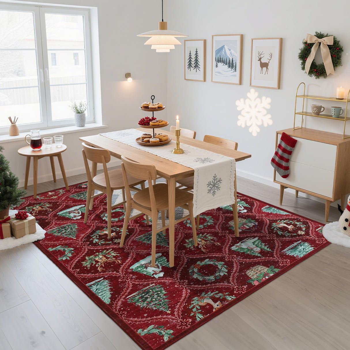 GarveeHome Christmas Rug 5x7 Boho Non-Slip Stain Resistant Machine Washable Rug for Bedroom,Large Neutral Low-Pile Area Rug for Living Room Bedroom Kitchen Office, Red GarveeHome