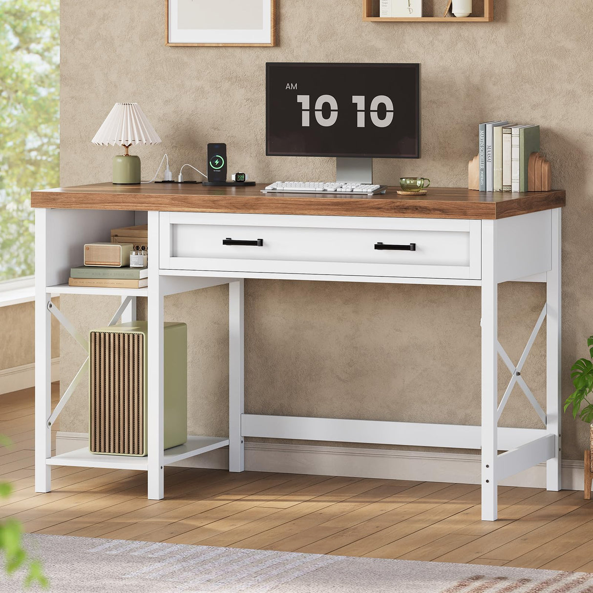 SEDETA 40" Study Table, Small Computer Desk with Drawer & Storage Shelves, Farmhouse Writing Desk for Small Space, White Home Office Desk with Power Outlet, Desk for Bedroom, Living Room SEDETA