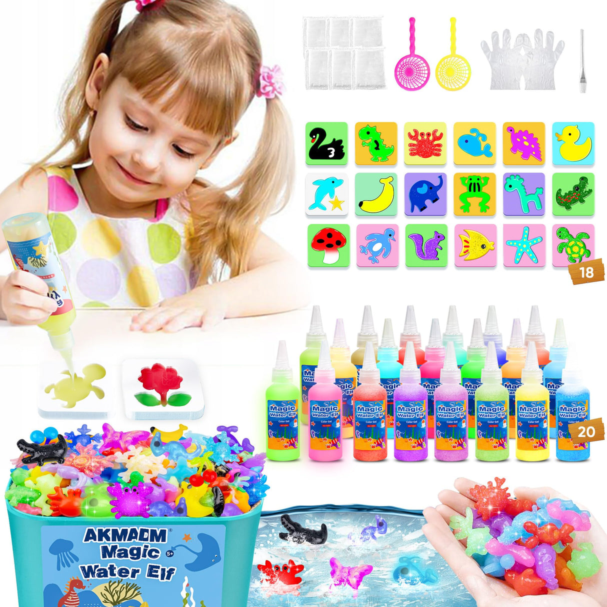 AKMADM Magic Water Elf Toy Kit for Kids - Aqua Fairy Water Gel Kit - 20 Colors*60ml Squishy Maker Set - 18 Shape Molds - Arts & Crafts Water Elf Creation kit - Children's DIY Marine Life (20 Colors) AKMADM