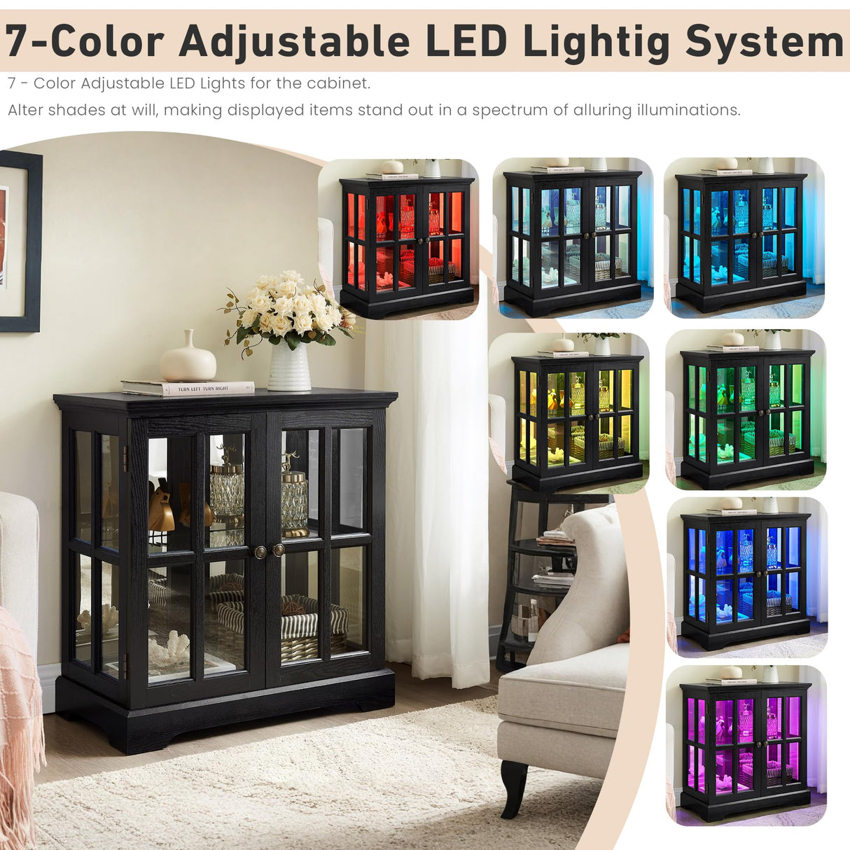 CKEASEAN 32" H LED Accent Curio Cabinet with 7 Color Lights for Collectibles, Modern Storage Cabinet with Tempered Glass Doors, Sideboard Buffet Case with Smartphone-Controlled Lights (Black) CKEASEAN