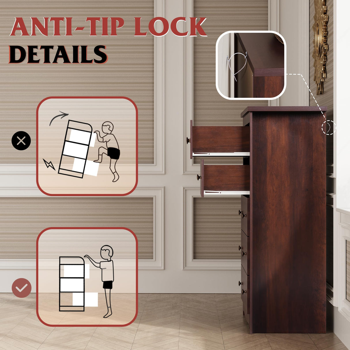 WLIVE Wood Dresser with 5 Drawer, Cabinets Dressers Wood Dresser Cabinet, Organizer Drawers for Bedroom, Living, Hallway, Measuring 15.7" W*31.4" D*45.3" H, Brown WLIVE