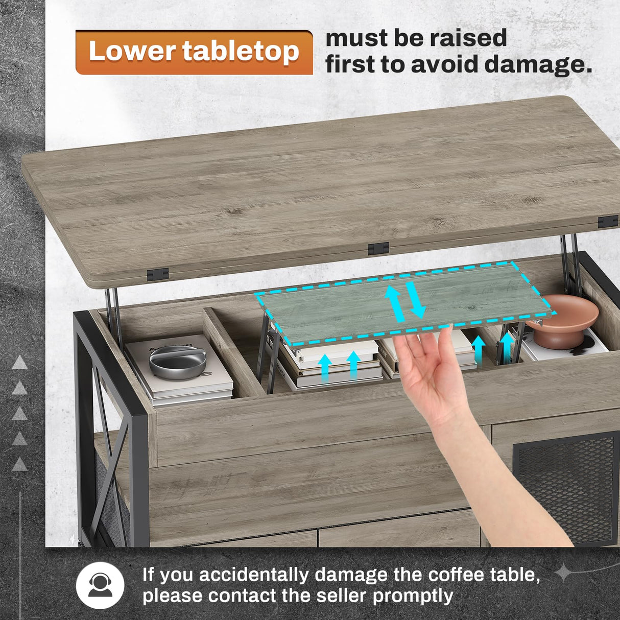 Itaar 40" Lift Top Coffee Table, 4 in 1 Coffee Tables with Storage Cabinet for Living Room, Small Farmhouse Coffee Table with 2 Fabric Drawers & LED Light for Dining Room, Grey Itaar