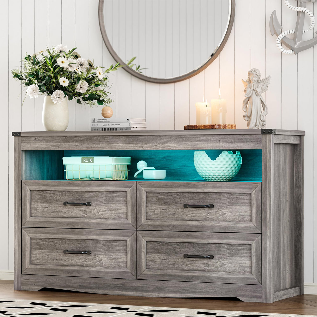 Dresser for Bedroom with 4 Drawers, Farmhouse Chest of Drawers with Natural Texture and LED Lights, Wide Wood Rustic Closet Storage Organizer, Modern Dresser TV Stand for Living Room, Entryway, Grey Xixini