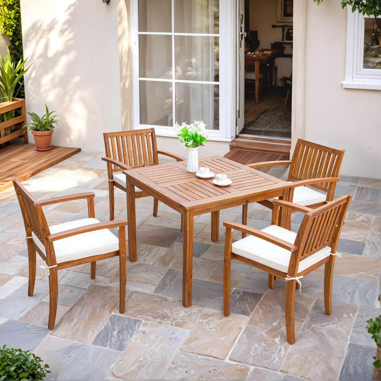 Flamaker 5 Piece Outdoor Dining Set Acacia Wood Patio Table and Chairs with Soft Cushions Patio Furniture for Deck, Backyard, Garden Flamaker