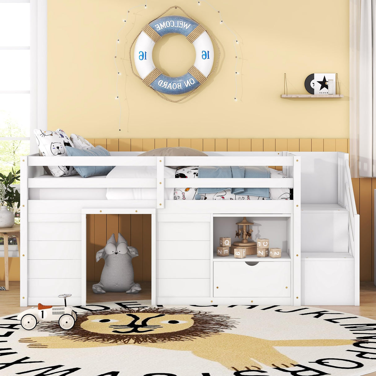 Harper & Bright Designs White Twin Size Low Loft Bed with Storage and Stairs for Kids Harper & Bright Designs