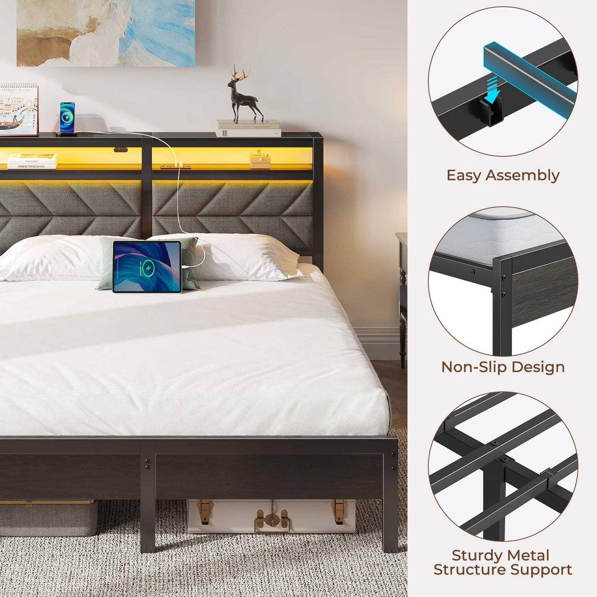 Seventable Bed Frame Full Size with Charging Station, LED Bed with Upholstered Storage Headboard, Metal Platform Bed with Under Bed Storage, No Box Spring Needed, Noise Free, Easy Assembly, Grey Seventable