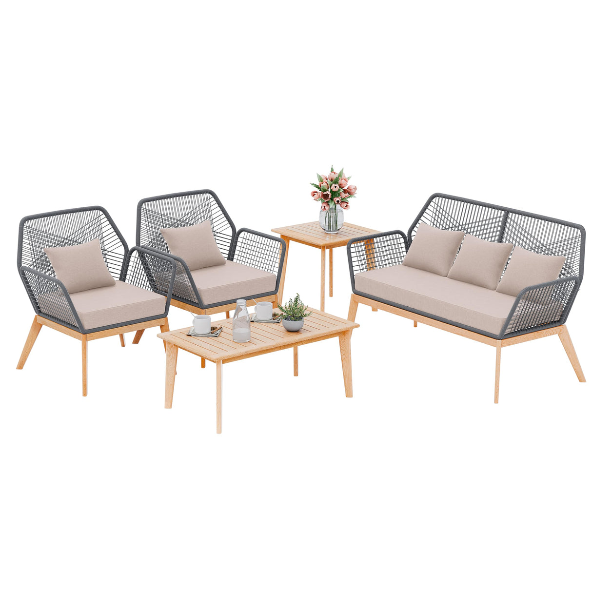 Kullavik Outdoor Patio Furniture Set,5 Pieces Indoor Rope Woven Sectional Sofa Set Modern Oak Patio Conversation Sets with Wooden Table for Balcony,Porch or Backyard,Sand Kullavik