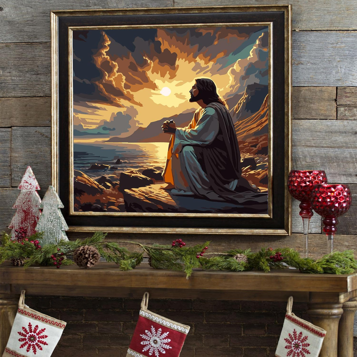 AREOPNMG Christmas Jesus Paint by Numbers Kit for Adults Beginner DIY Sunset Landscape Painting by Numbers Kits,with 3 Brushes and Acrylic Paint(Without Frame), Home Wall Decor 16 x 16 in AREOPNMG