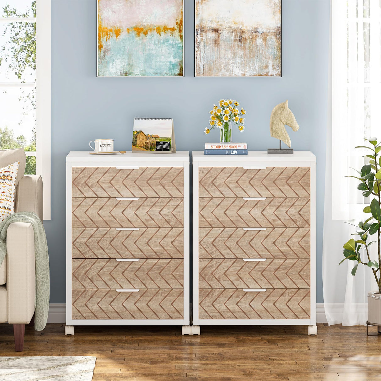 Tribesigns 5-Drawer File Cabinet, Wood Mobile Storage Drawer Unit, Industrial Office Cabinet with Drawers & Wheels, Rolling Printer Stand for Home Office (White & Beige) Tribesigns