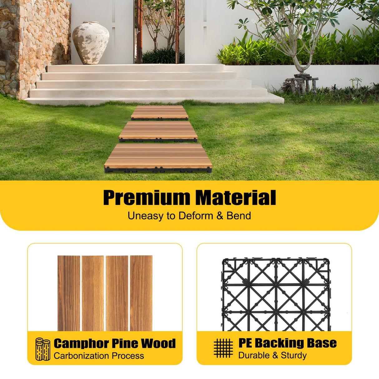 36pcs Hardwood Interlocking Patio Deck Tiles, 12"x12" All Weather Balcony DIY Flooring Tiles Acacia Waterproof Wood Flooring Tiles Portable Snap Click Together Patio Tiles for Indoor or Outdoor use DDYOOK