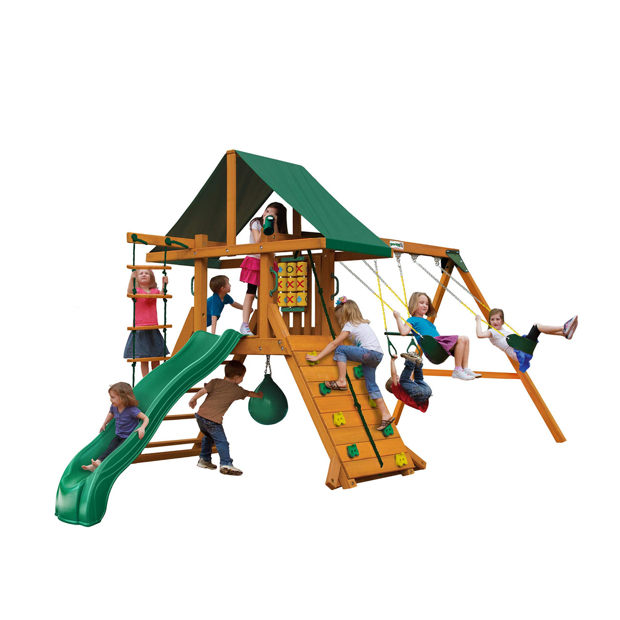 Gorilla Playsets 01-1033 Ozark II Wood Swing Set with Green Vinyl Canopy, Rock Wall, and Punching Ball Gorilla Playsets