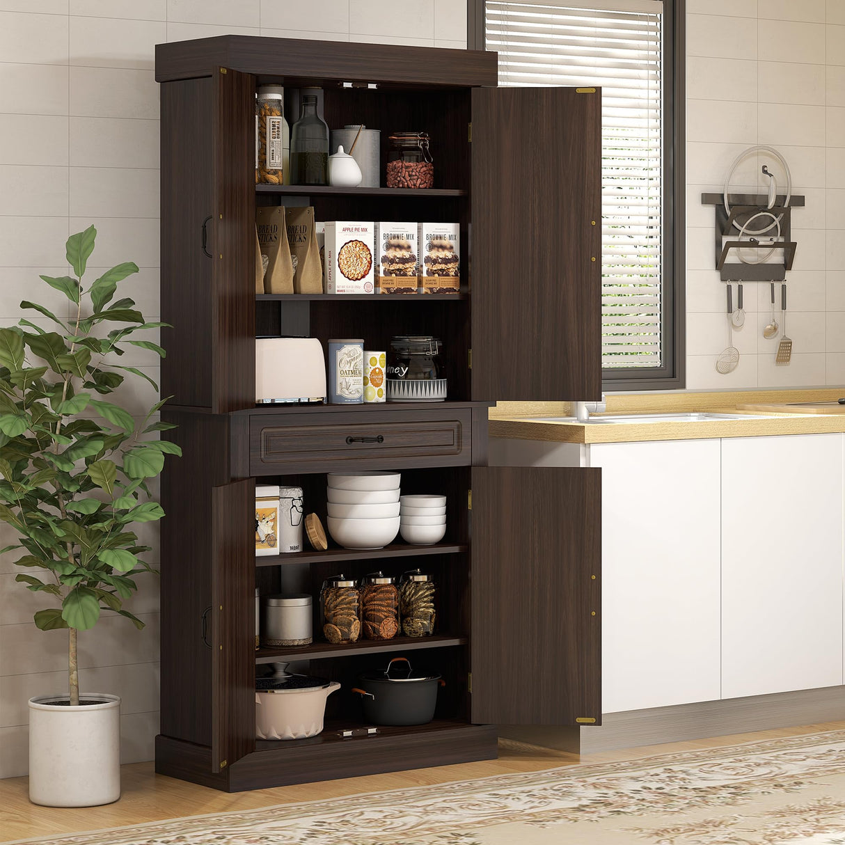 HOMCOM 71" Freestanding Kitchen Pantry Cabinet, Tall Storage Cabinet with 4 Doors and Drawer for Dining Room, Coffee HOMCOM