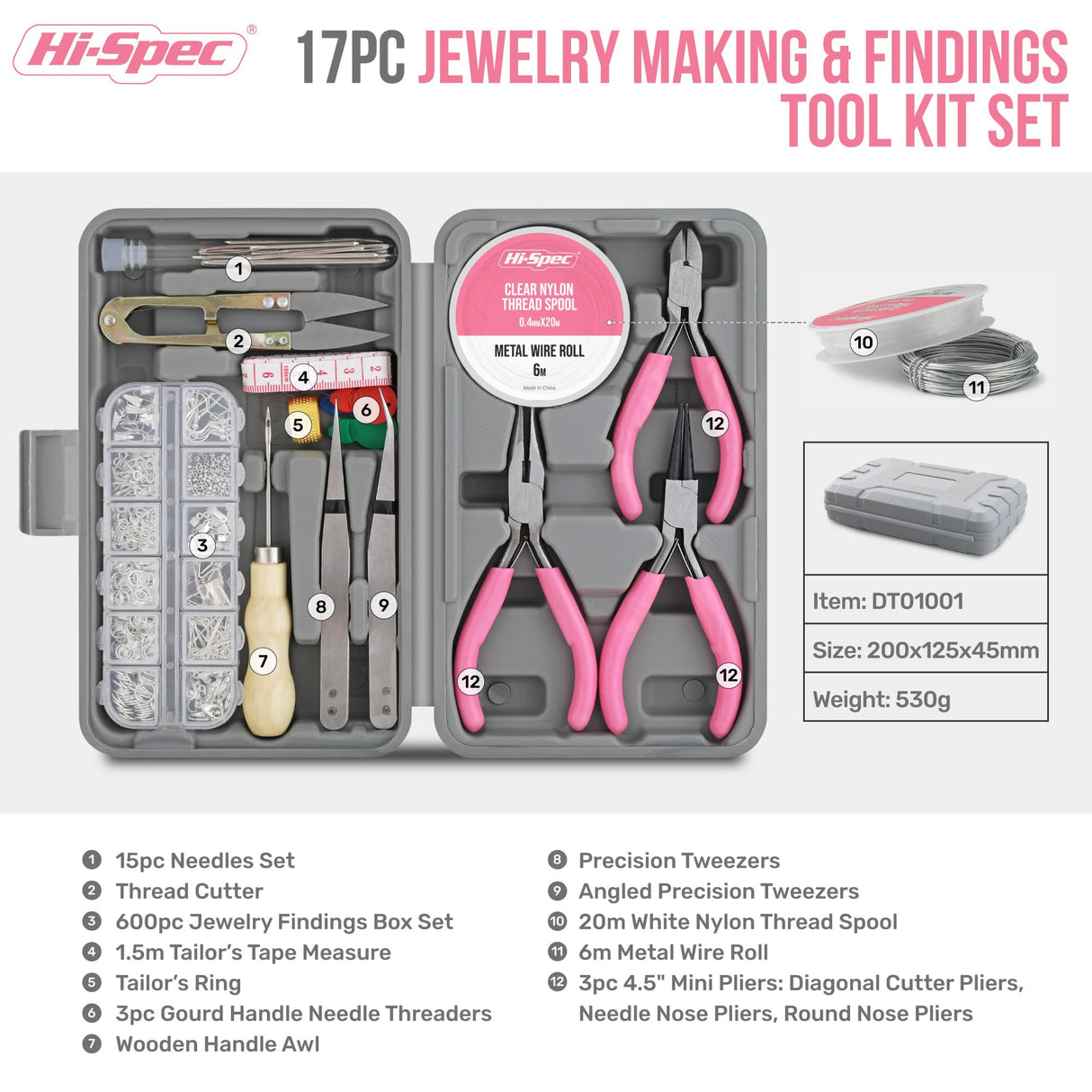 Hi-Spec 17pc Jewelry Making Tool Kit & 600pc Findings Accessories Box Set. Pliers & Wires for Handmade Bracelets, Necklaces, Earrings and Charms Arts & Crafts Hi-Spec
